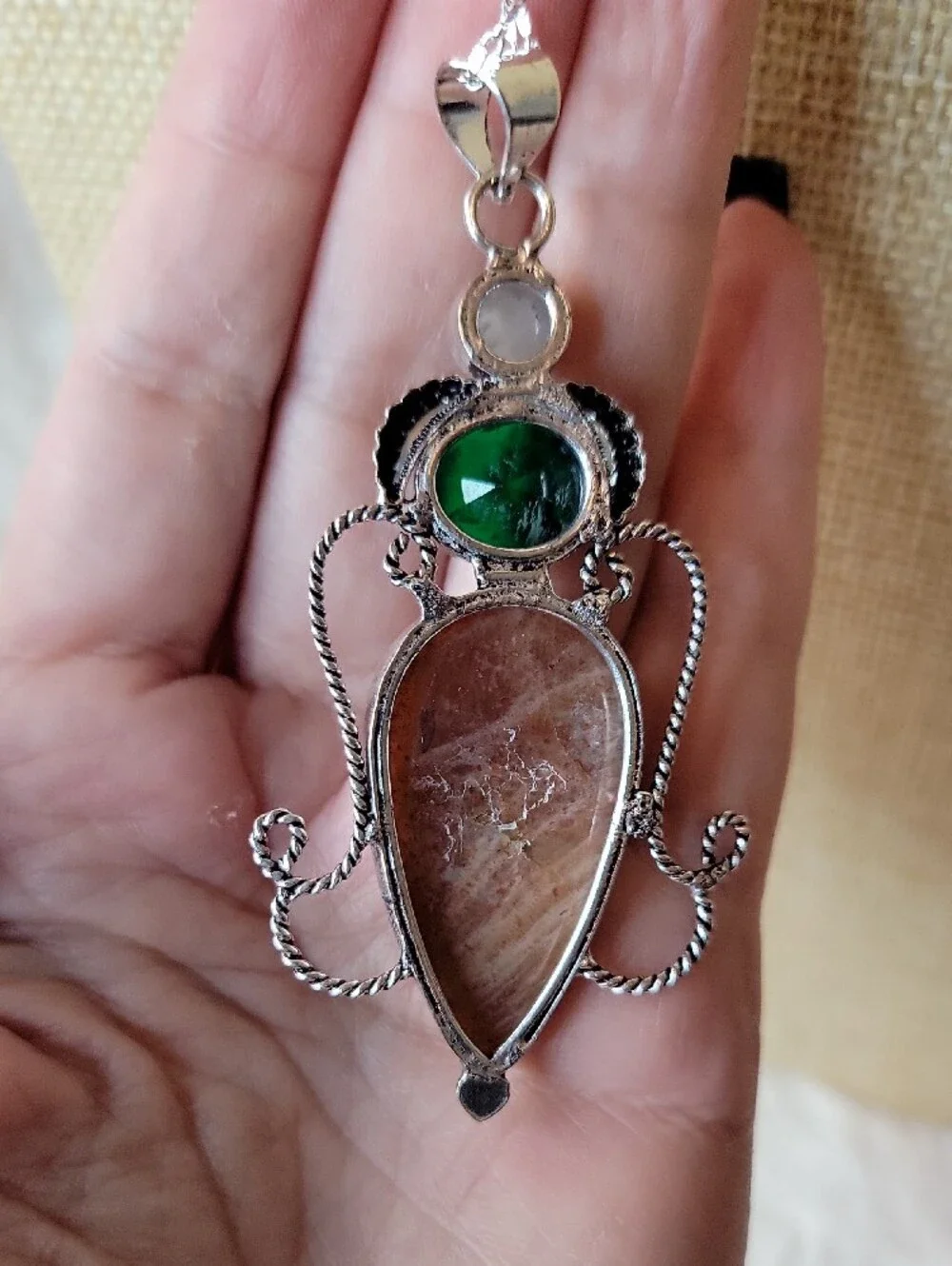 Sterling Silver Sunstone Pendant with Rainbow Moonstone and Synthetic Emerald
